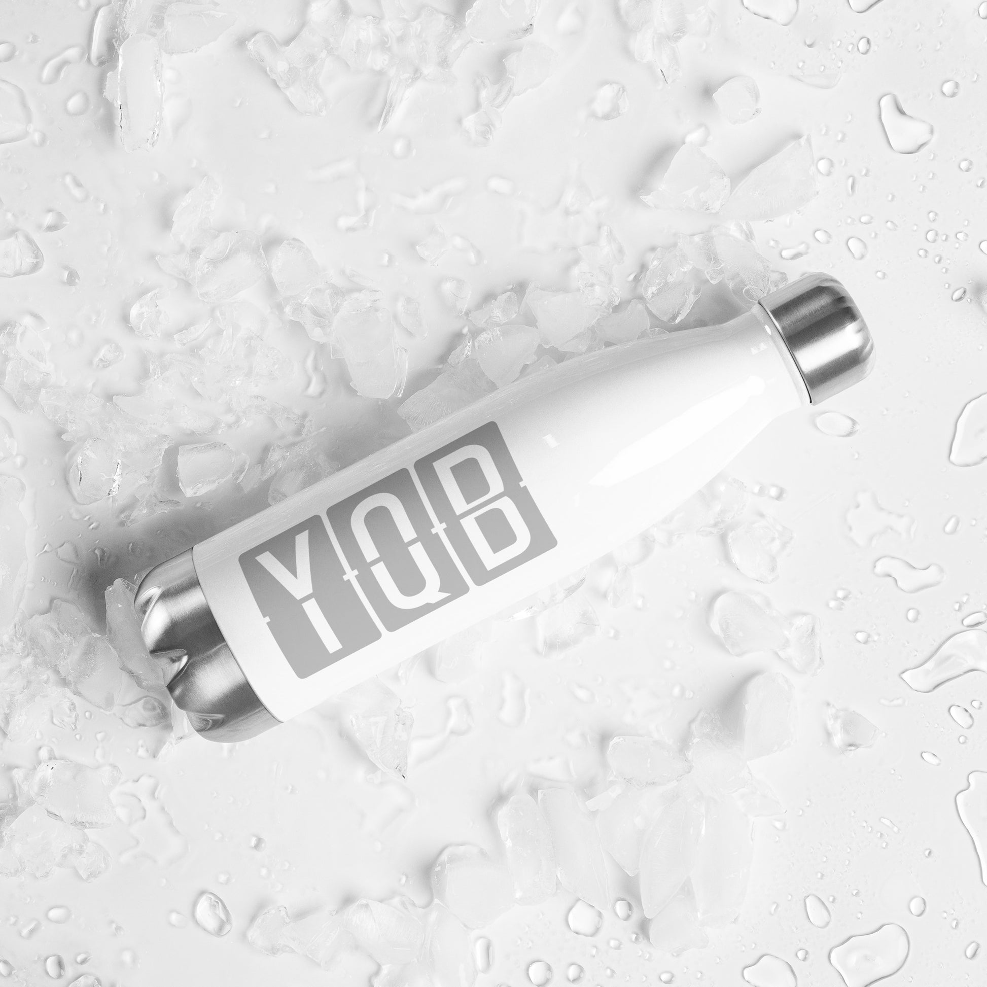 YQB Quebec City Water Bottle • Split-Flap Display Lettering in Grey • YHM Designs - Image 05