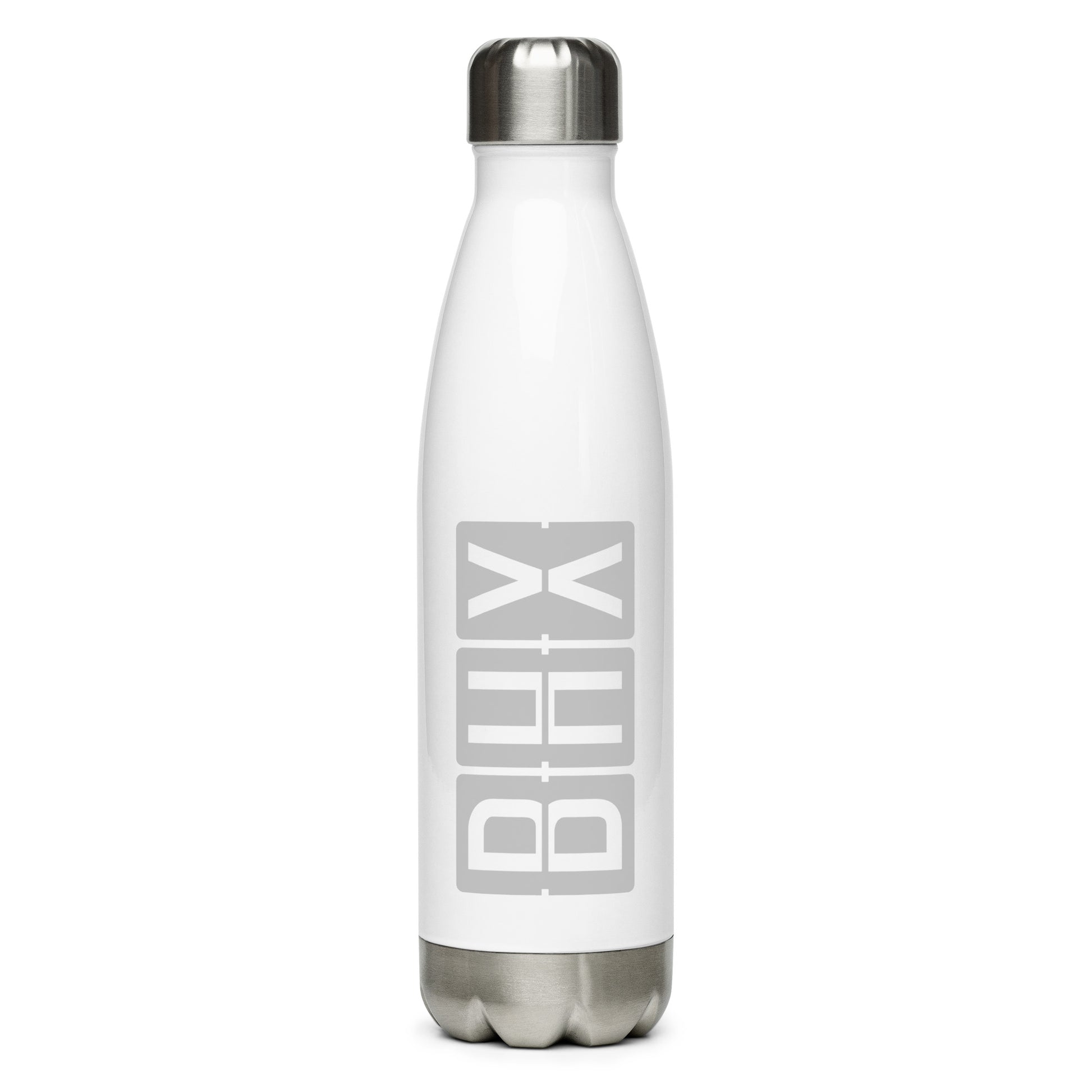 BHX Birmingham Water Bottle • Split-Flap Display Lettering in Grey • YHM Designs - Image 01