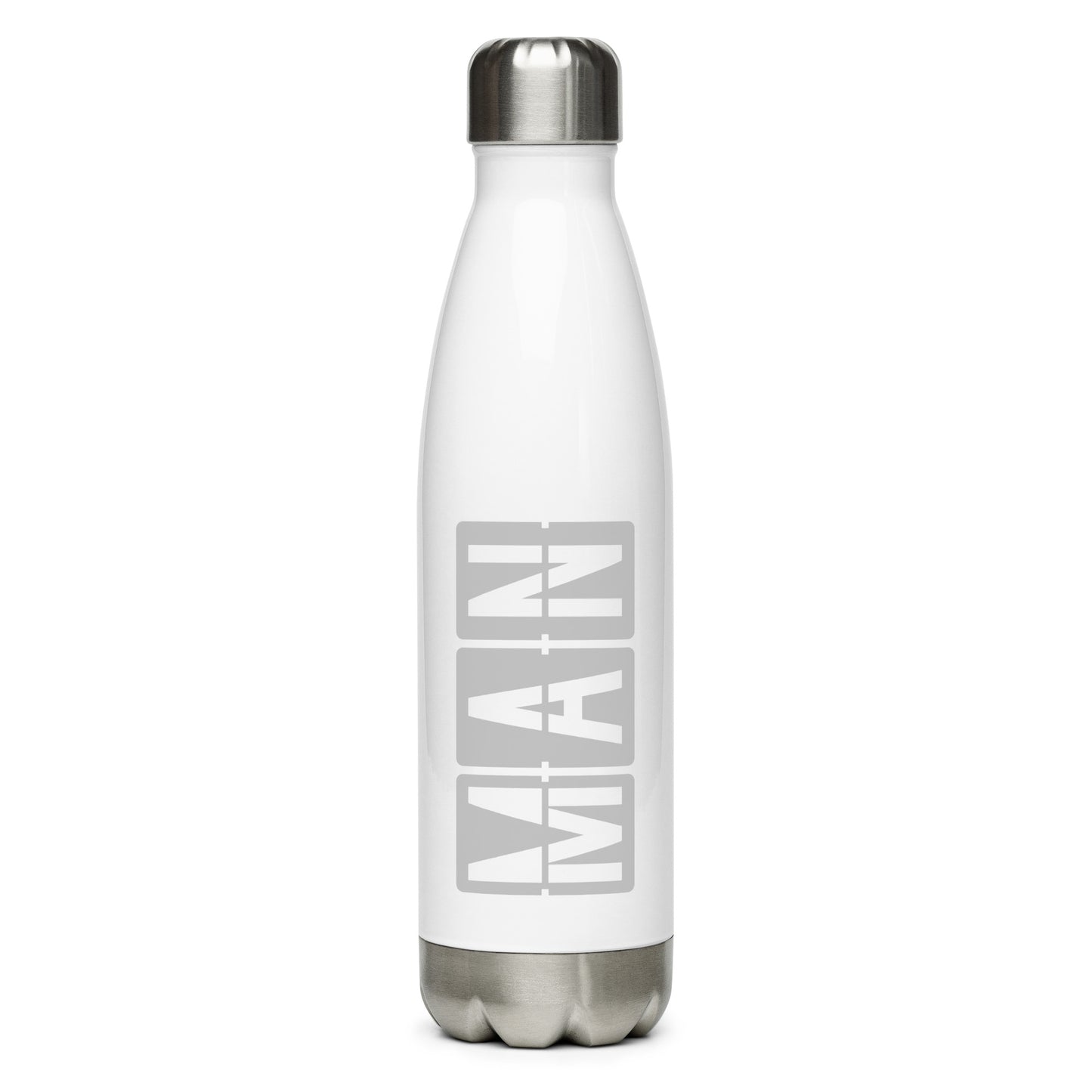 MAN Manchester Water Bottle • Split-Flap Display Lettering in Grey • YHM Designs - Image 01