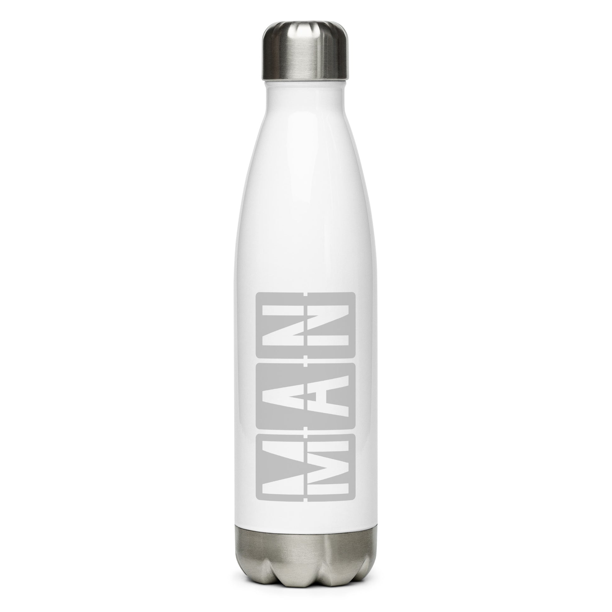 MAN Manchester Water Bottle • Split-Flap Display Lettering in Grey • YHM Designs - Image 01