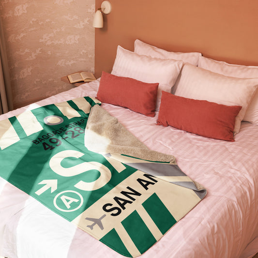 SAT San Antonio Sherpa Blanket • Jet Age Baggage Tag Design • YHM Designs - Image 02