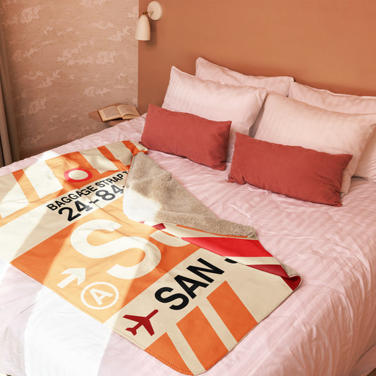 SJC San Jose Sherpa Blanket • Jet Age Baggage Tag Design • YHM Designs - Image 02