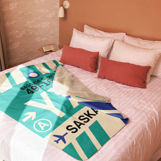 YXE Saskatoon Sherpa Blanket • Jet Age Baggage Tag Design • YHM Designs - Image 02