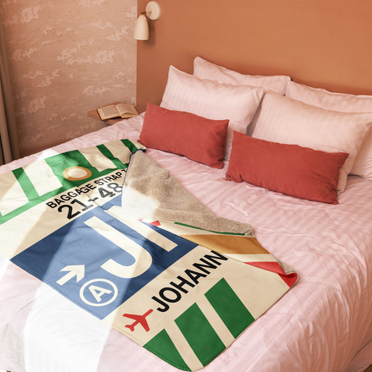 JNB Johannesburg Sherpa Blanket • Jet Age Baggage Tag Design • YHM Designs - Image 02