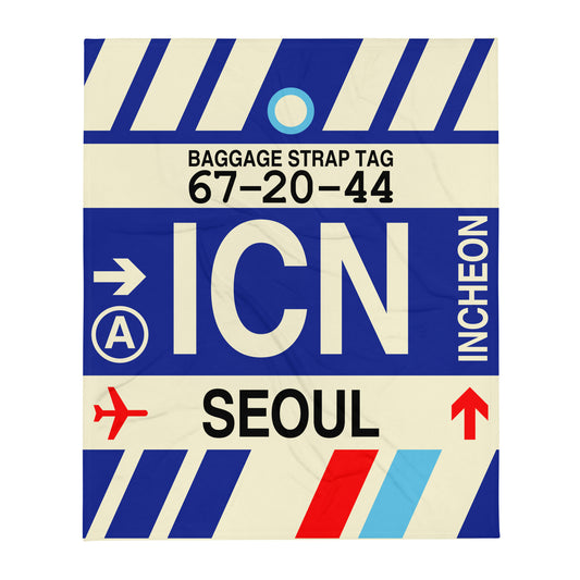 ICN Seoul Throw Blanket • Jet Age Baggage Tag Design • YHM Designs - Image 01
