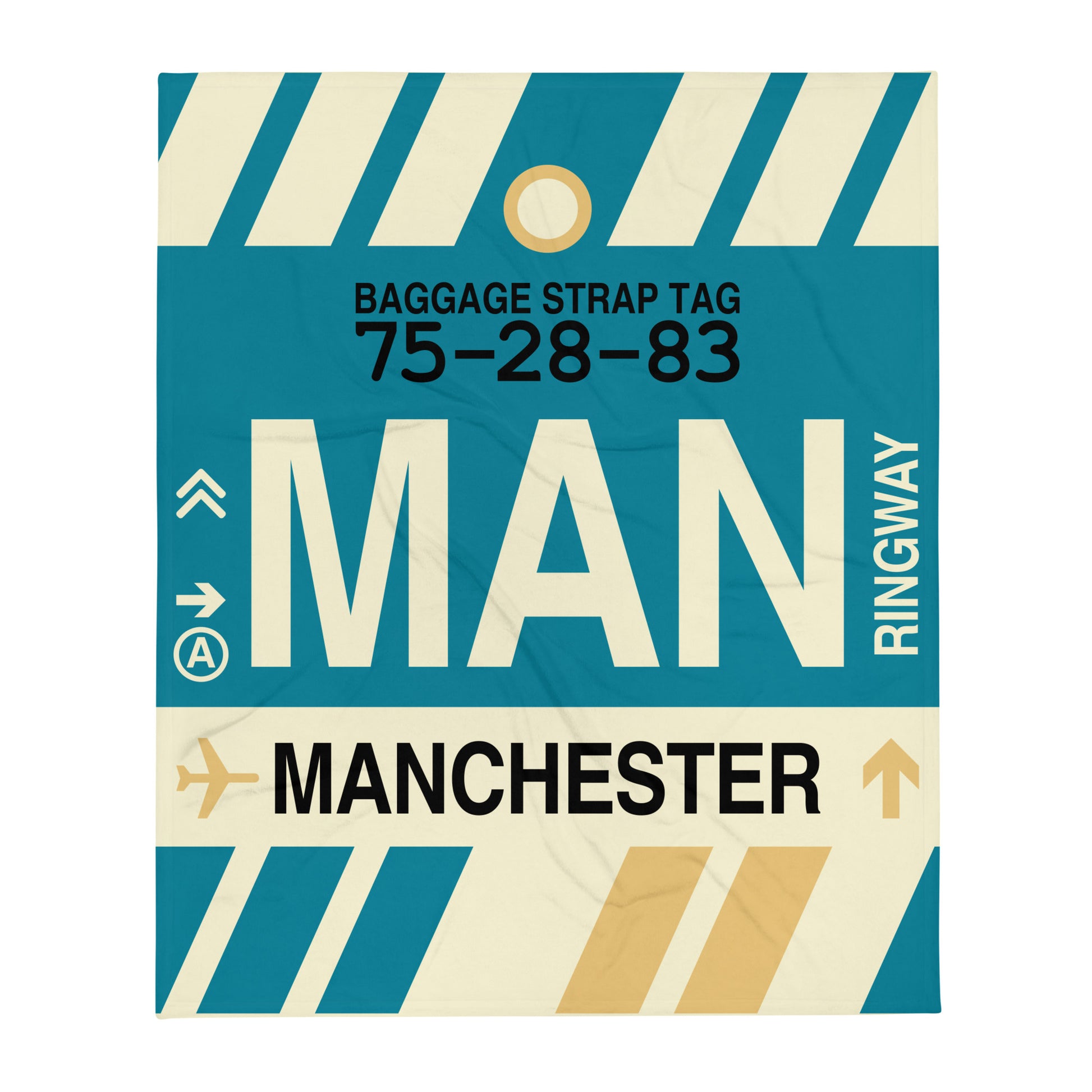 MAN Manchester Throw Blanket • Jet Age Baggage Tag Design • YHM Designs - Image 01