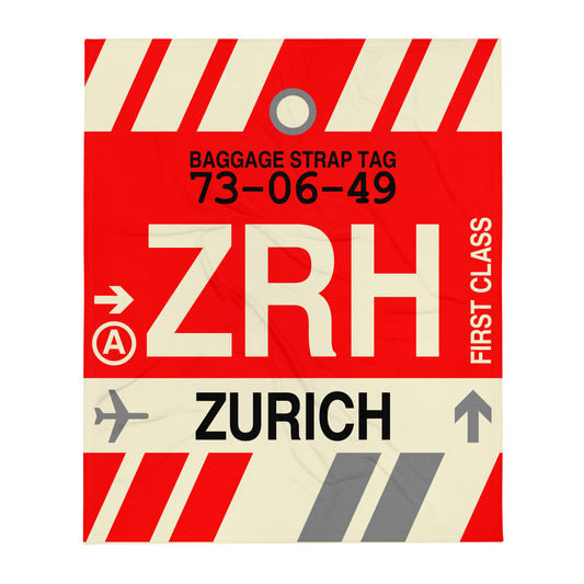 ZRH Zurich Throw Blanket • Jet Age Baggage Tag Design • YHM Designs - Image 01