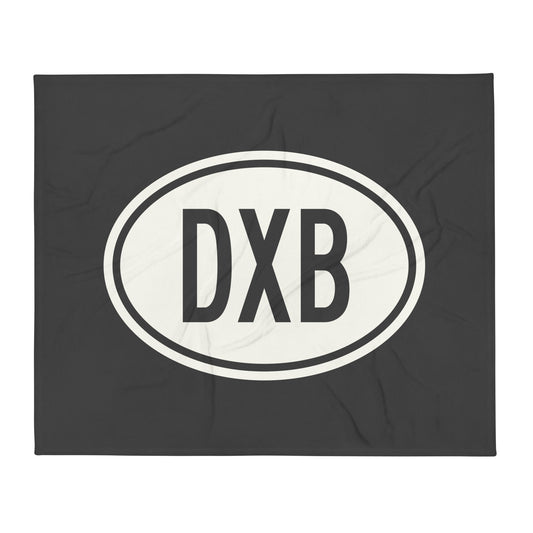 DXB Dubai Throw Blanket • Eclipse Grey with Oval Car Sticker Design • YHM Designs - Image 01