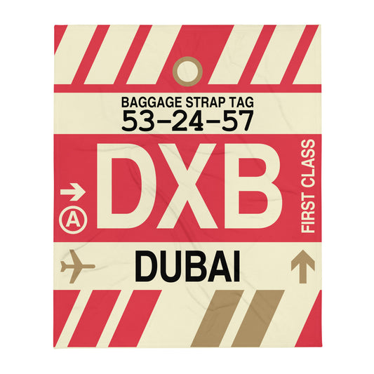 DXB Dubai Throw Blanket • Jet Age Baggage Tag Design • YHM Designs - Image 01