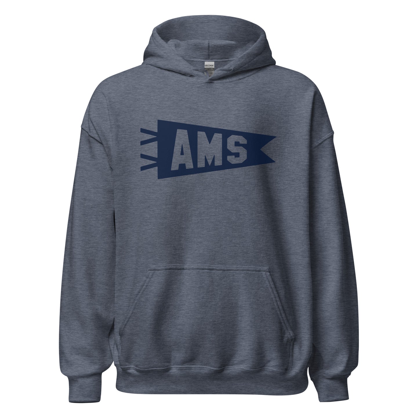 Airport Code Unisex Hoodie - Navy Blue Graphic • AMS Amsterdam • YHM Designs - Image 05