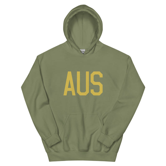 AUS Austin Unisex Hoodie • Air Force Lettering in Old Gold • YHM Designs - Image 02