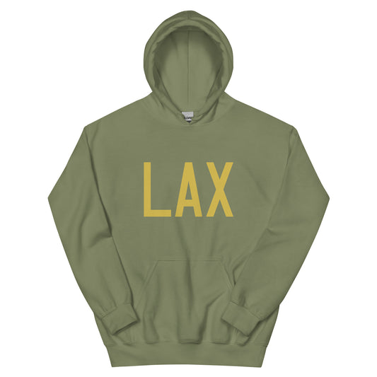 LAX Los Angeles Unisex Hoodie • Air Force Lettering in Old Gold • YHM Designs - Image 02