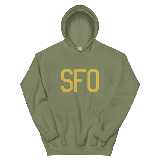 SFO San Francisco Unisex Hoodie • Air Force Lettering in Old Gold • YHM Designs - Image 02