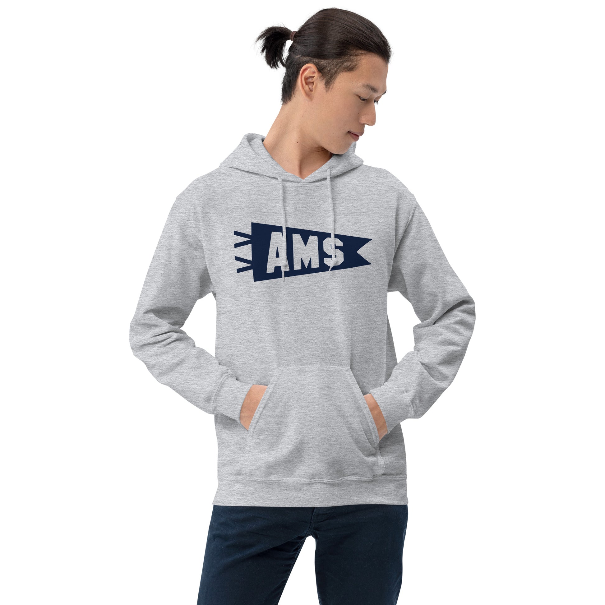 Airport Code Unisex Hoodie - Navy Blue Graphic • AMS Amsterdam • YHM Designs - Image 07