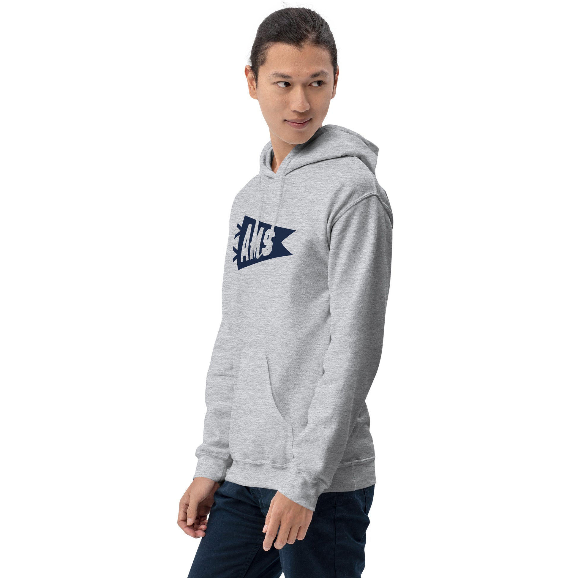 Airport Code Unisex Hoodie - Navy Blue Graphic • AMS Amsterdam • YHM Designs - Image 10