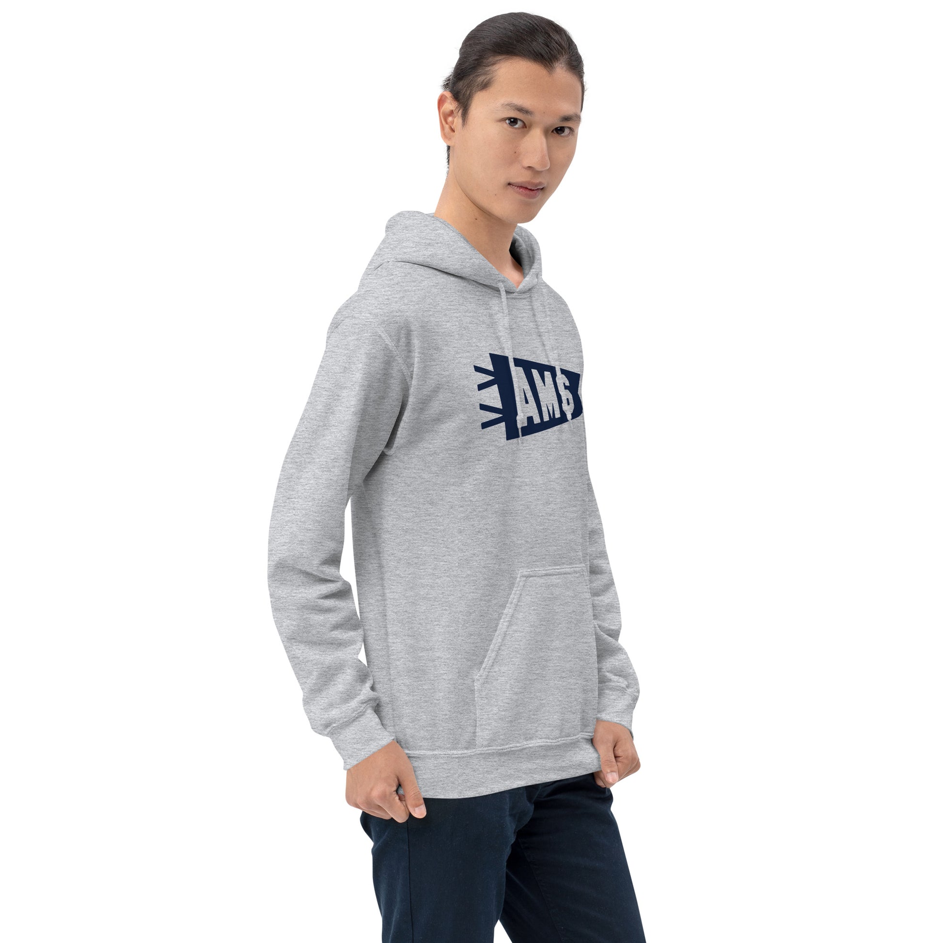 Airport Code Unisex Hoodie - Navy Blue Graphic • AMS Amsterdam • YHM Designs - Image 09