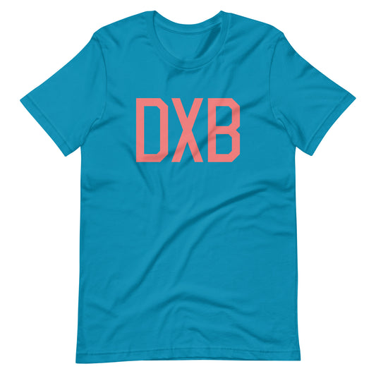 DXB Dubai Unisex T-Shirt • Air Force Lettering in Salmon Pink • YHM Designs - Image 02