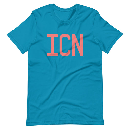 ICN Seoul Unisex T-Shirt • Air Force Lettering in Salmon Pink • YHM Designs - Image 02
