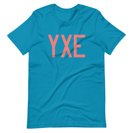 YXE Saskatoon Unisex T-Shirt • Air Force Lettering in Salmon Pink • YHM Designs - Image 02