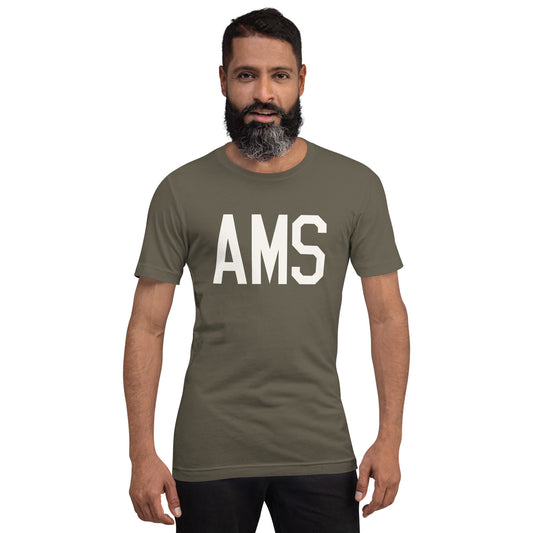 Airport Code T-Shirt - White Graphic • AMS Amsterdam • YHM Designs - Image 01