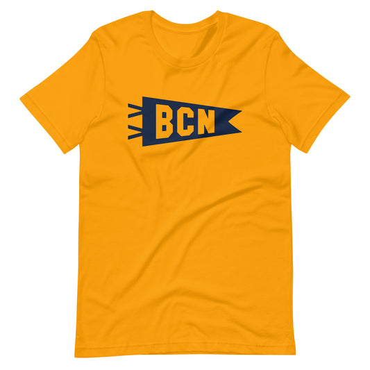 BCN Barcelona Unisex T-Shirt • Banner Design in Navy Blue • YHM Designs - Image 01