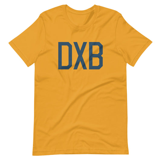 DXB Dubai Unisex T-Shirt • Air Force Lettering in Arapawa Blue • YHM Designs - Image 02