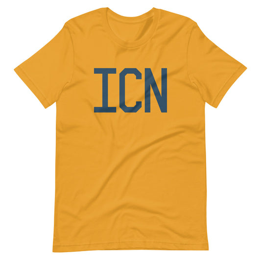ICN Seoul Unisex T-Shirt • Air Force Lettering in Arapawa Blue • YHM Designs - Image 02