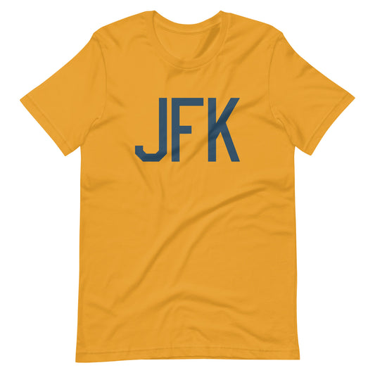 JFK New York City Unisex T-Shirt • Air Force Lettering in Arapawa Blue • YHM Designs - Image 02