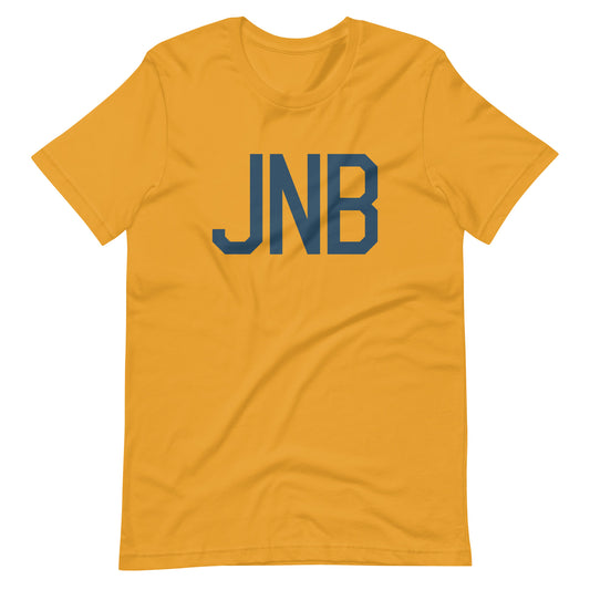 JNB Johannesburg Unisex T-Shirt • Air Force Lettering in Arapawa Blue • YHM Designs - Image 02