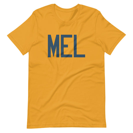 MEL Melbourne Unisex T-Shirt • Air Force Lettering in Arapawa Blue • YHM Designs - Image 02