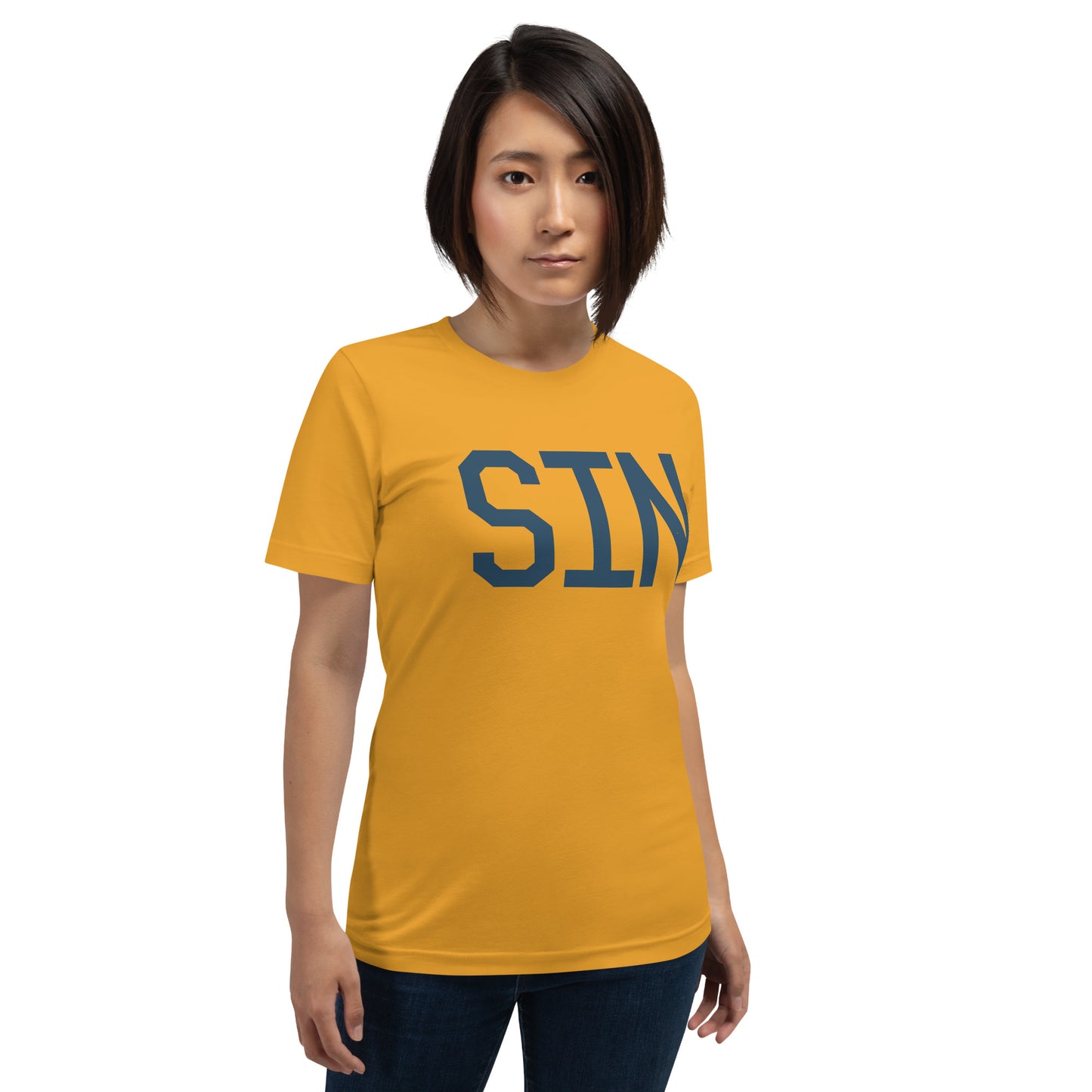 SIN Singapore Unisex T-Shirt • Air Force Lettering in Arapawa Blue • YHM Designs - Image 07