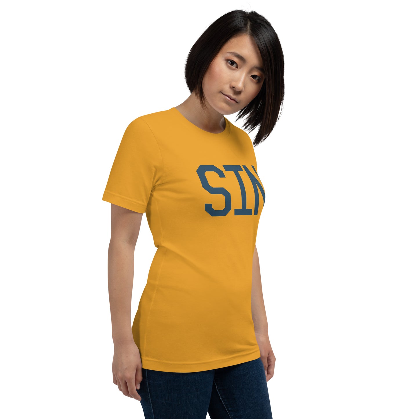 SIN Singapore Unisex T-Shirt • Air Force Lettering in Arapawa Blue • YHM Designs - Image 08