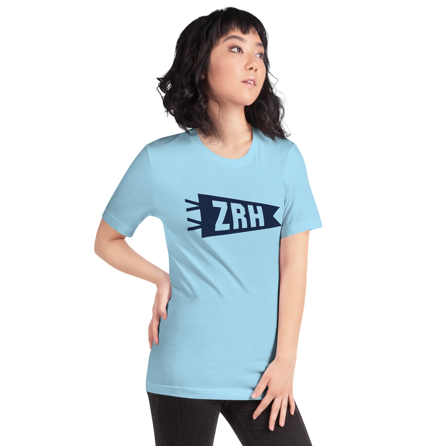 ZRH Zurich Unisex T-Shirt • Banner Design in Navy Blue • YHM Designs - Image 07