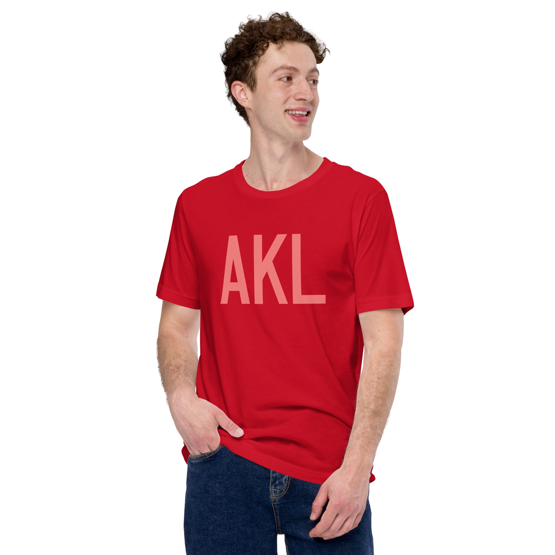 AKL Auckland Unisex T-Shirt • Air Force Lettering in Salmon Pink • YHM Designs - Image 04