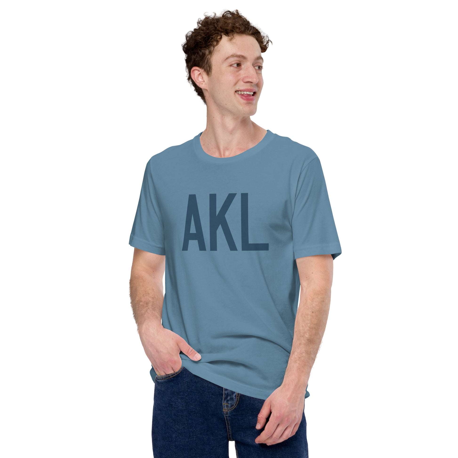 AKL Auckland Unisex T-Shirt • Air Force Lettering in Arapawa Blue • YHM Designs - Image 04