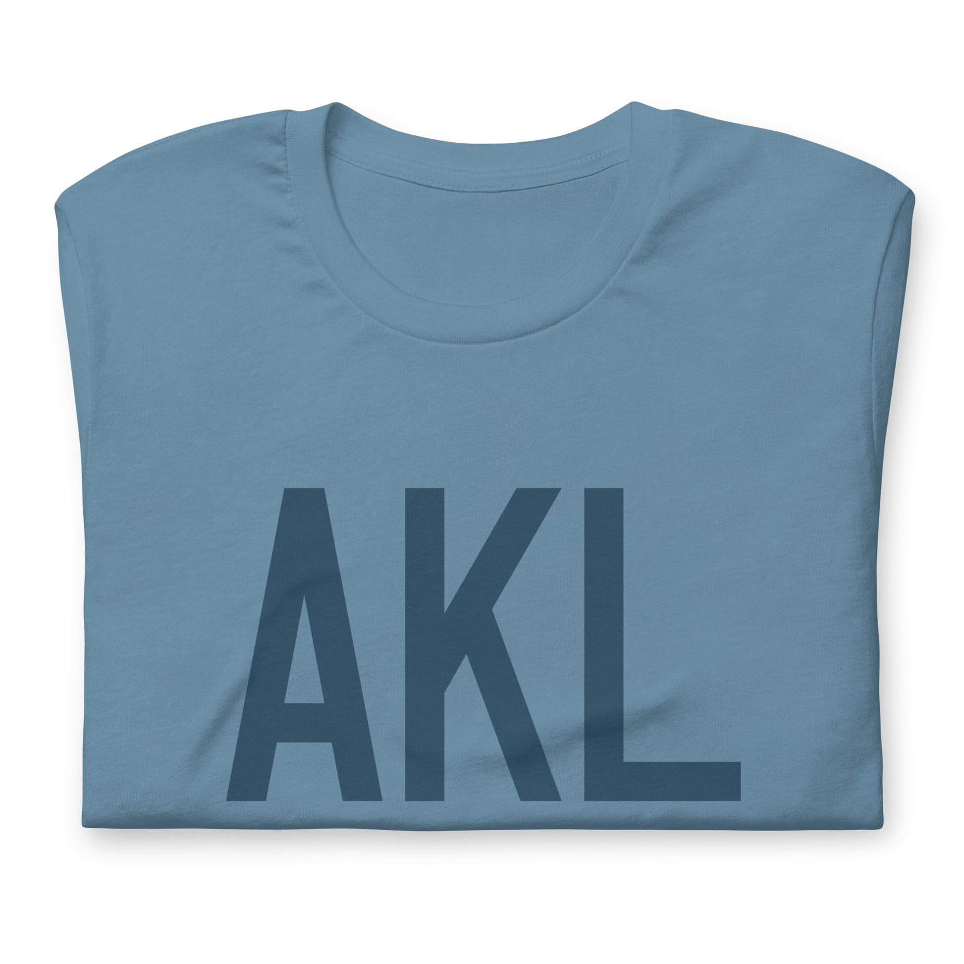 AKL Auckland Unisex T-Shirt • Air Force Lettering in Arapawa Blue • YHM Designs - Image 05
