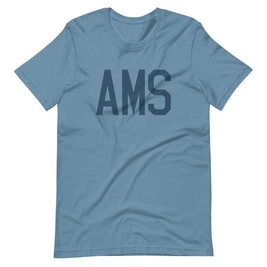 AMS Amsterdam Unisex T-Shirt • Air Force Lettering in Arapawa Blue • YHM Designs - Image 01