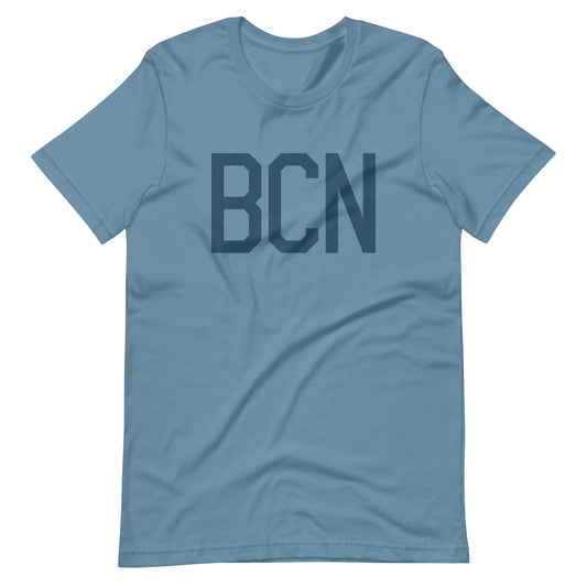 BCN Barcelona Unisex T-Shirt • Air Force Lettering in Arapawa Blue • YHM Designs - Image 01