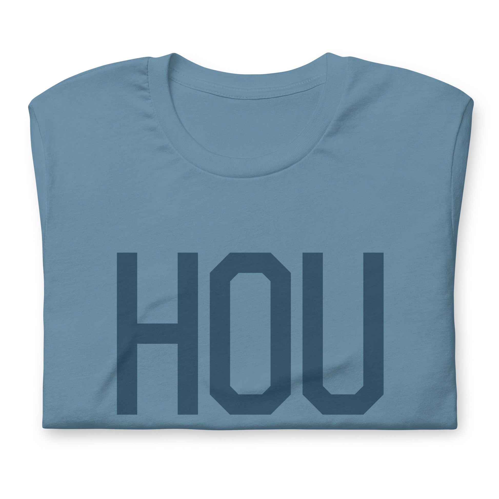 HOU Houston Unisex T-Shirt • Air Force Lettering in Arapawa Blue • YHM Designs - Image 05