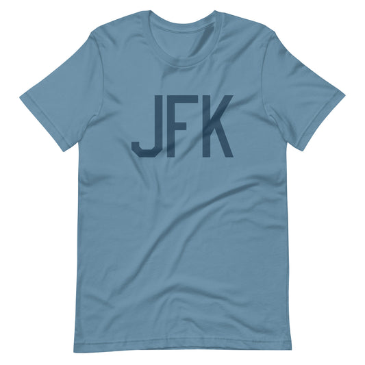 JFK New York City Unisex T-Shirt • Air Force Lettering in Arapawa Blue • YHM Designs - Image 01