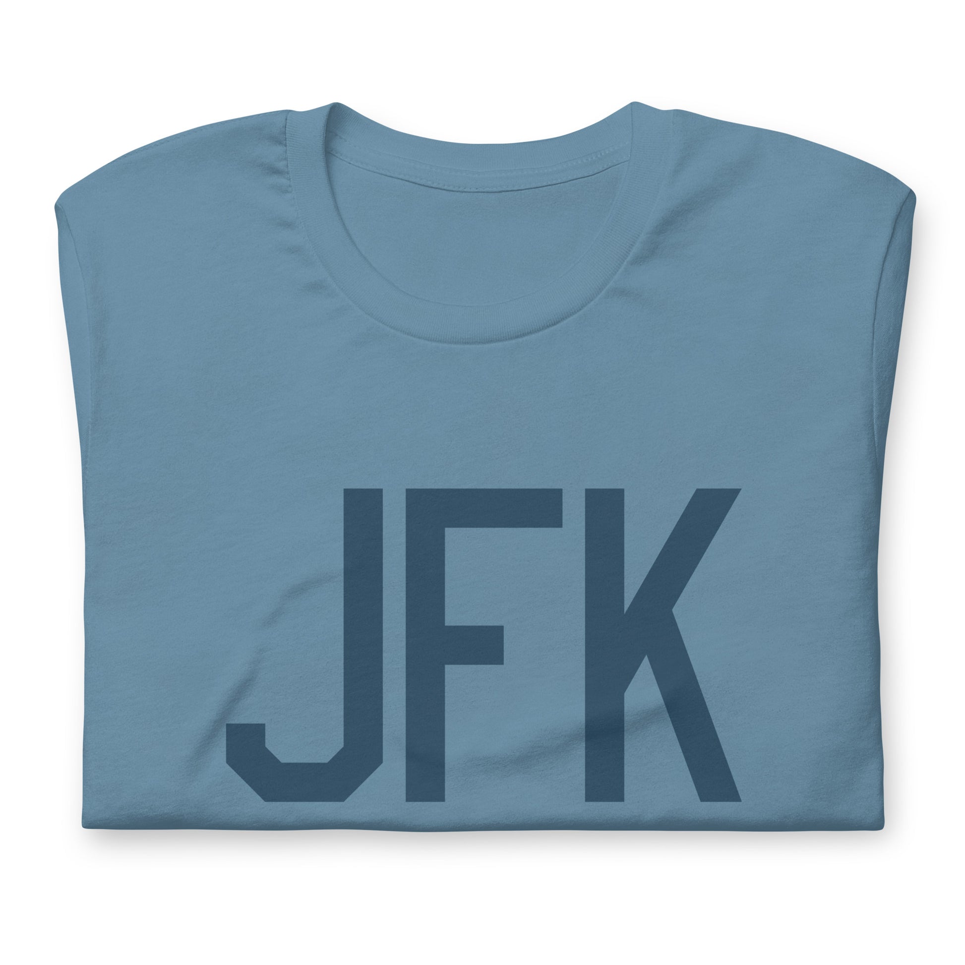 JFK New York City Unisex T-Shirt • Air Force Lettering in Arapawa Blue • YHM Designs - Image 05