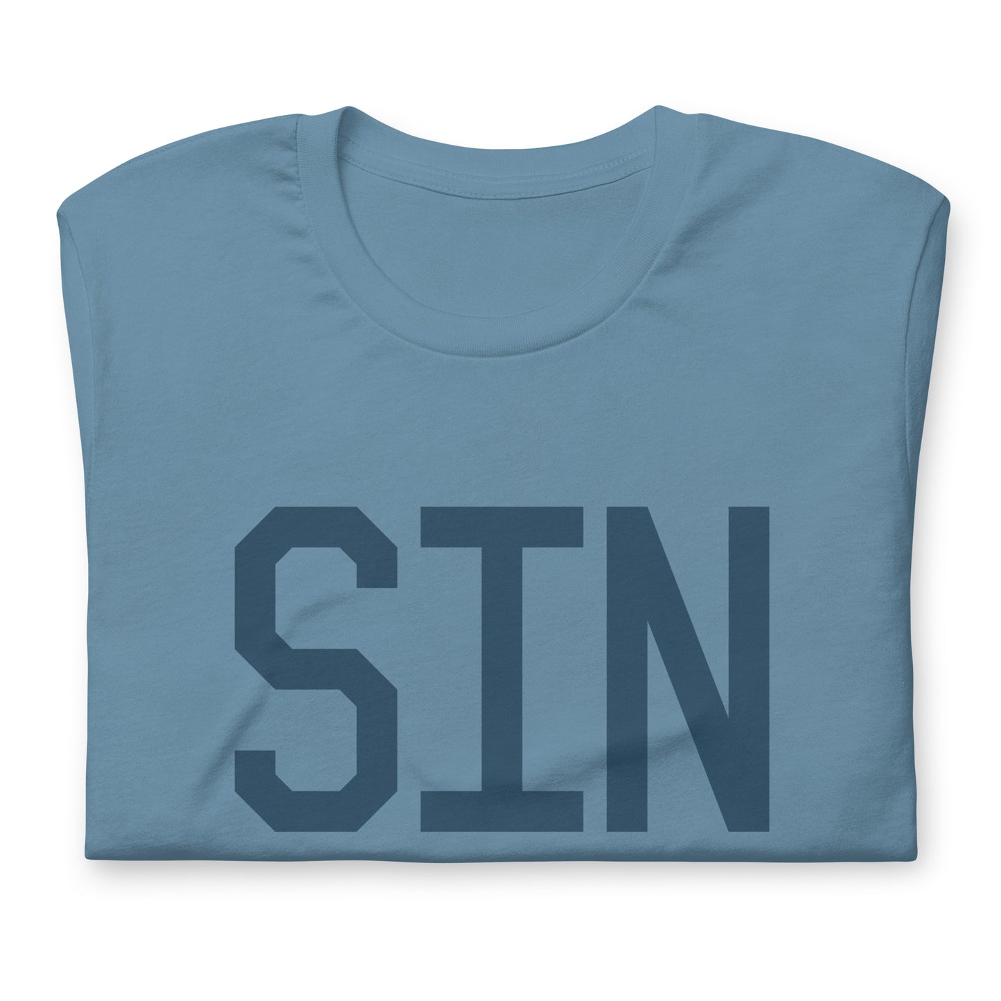 SIN Singapore Unisex T-Shirt • Air Force Lettering in Arapawa Blue • YHM Designs - Image 05