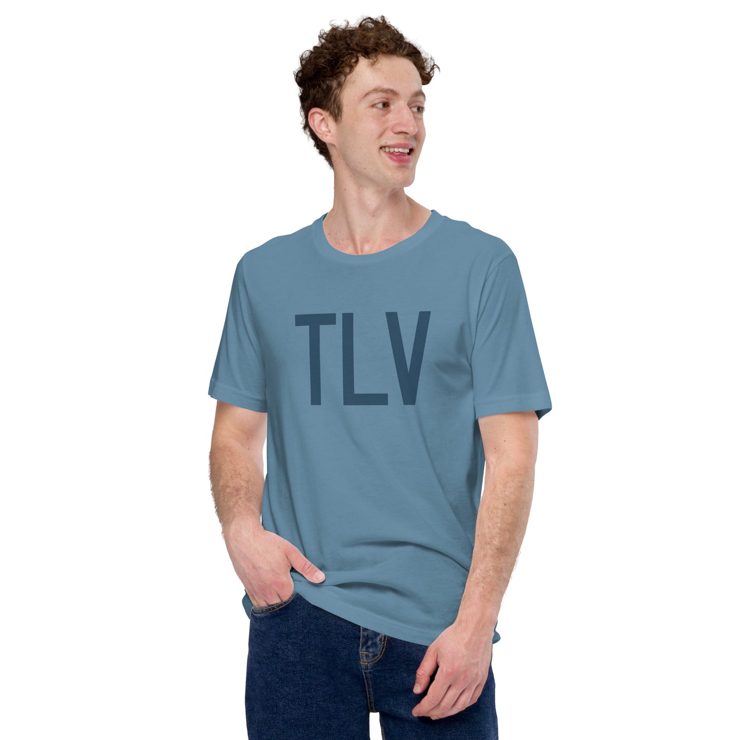 TLV Tel Aviv Unisex T-Shirt • Air Force Lettering in Arapawa Blue • YHM Designs - Image 04