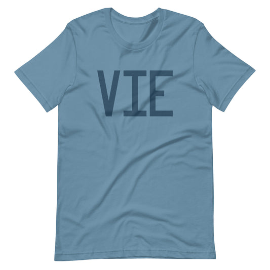 VIE Vienna Unisex T-Shirt • Air Force Lettering in Arapawa Blue • YHM Designs - Image 01