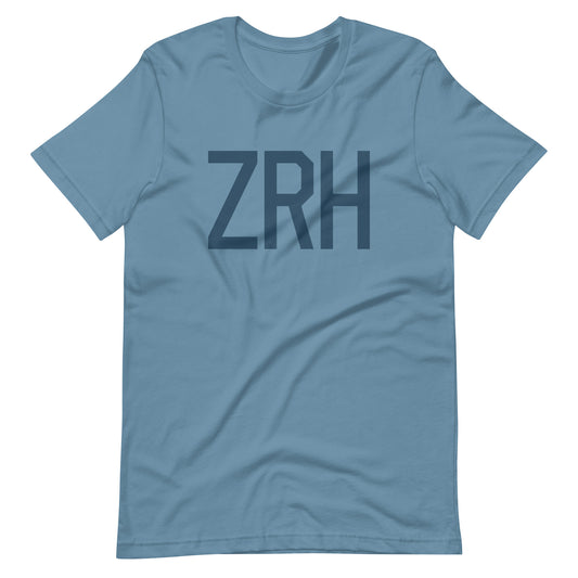 ZRH Zurich Unisex T-Shirt • Air Force Lettering in Arapawa Blue • YHM Designs - Image 01