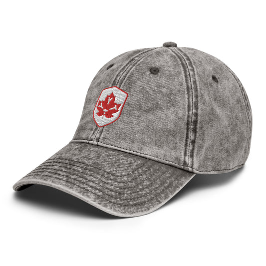 YYT St. John's Cotton Twill Cap • Maple Leaf Shield Design - Red & White • YHM Designs - Image 01
