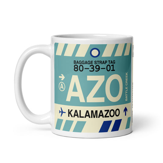 AZO Kalamazoo Coffee Mug • Jet Age Baggage Tag Design • YHM Designs - Image 02
