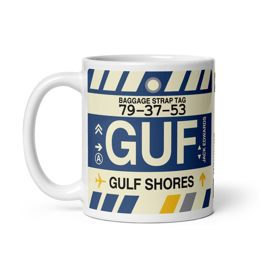 GUF Gulf Shores Coffee Mug • Jet Age Baggage Tag Design • YHM Designs - Image 02