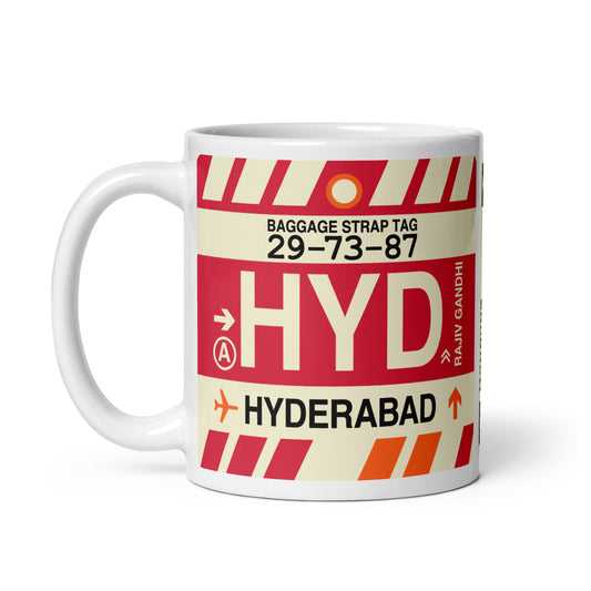 HYD Hyderabad Coffee Mug • Jet Age Baggage Tag Design • YHM Designs - Image 02
