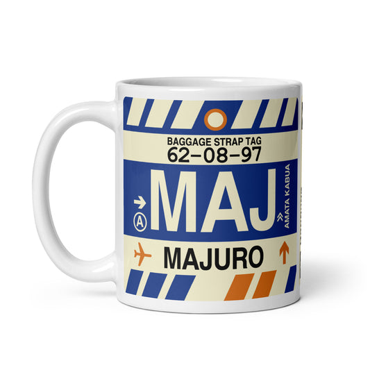 MAJ Majuro Coffee Mug • Jet Age Baggage Tag Design • YHM Designs - Image 02